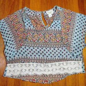 Passport Paisley Lace Trim Sheer Boho Blouse Top Women's Size M twee hippy